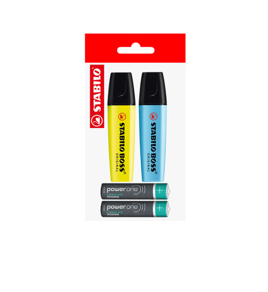 Pack: 2x Resaltador STABILO Boss + 2x Pilas AAA POWER ONE, Pack x 4 Unds.